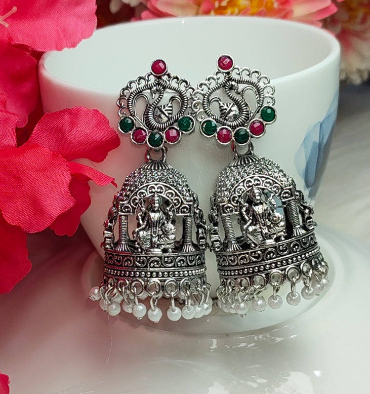 OXIDISED LAKSHMI DEVI TEMPLE SILVER JHUMKA EARRING