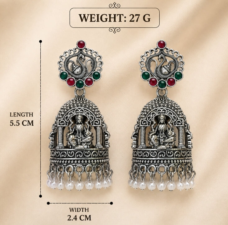 OXIDISED LAKSHMI DEVI TEMPLE SILVER JHUMKA EARRING