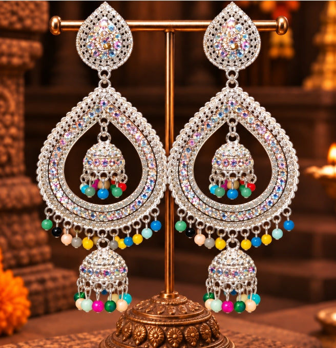 MULTICOLOR BEADED & STONE TEARDROP DOUBLE JHUMKA CHANDBALI EARRINGS