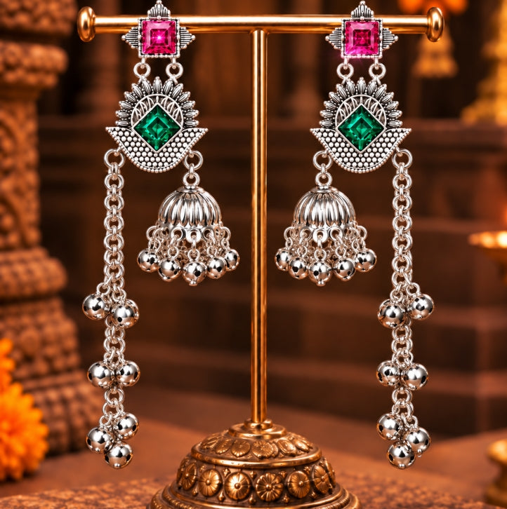 OXIDISED SILVER PINK GREEN STONE LONG CHAIN KASHMIRI JHUMKA EARRINGS