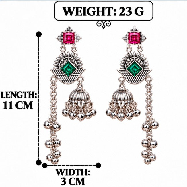 OXIDISED SILVER PINK GREEN STONE LONG CHAIN KASHMIRI JHUMKA EARRINGS