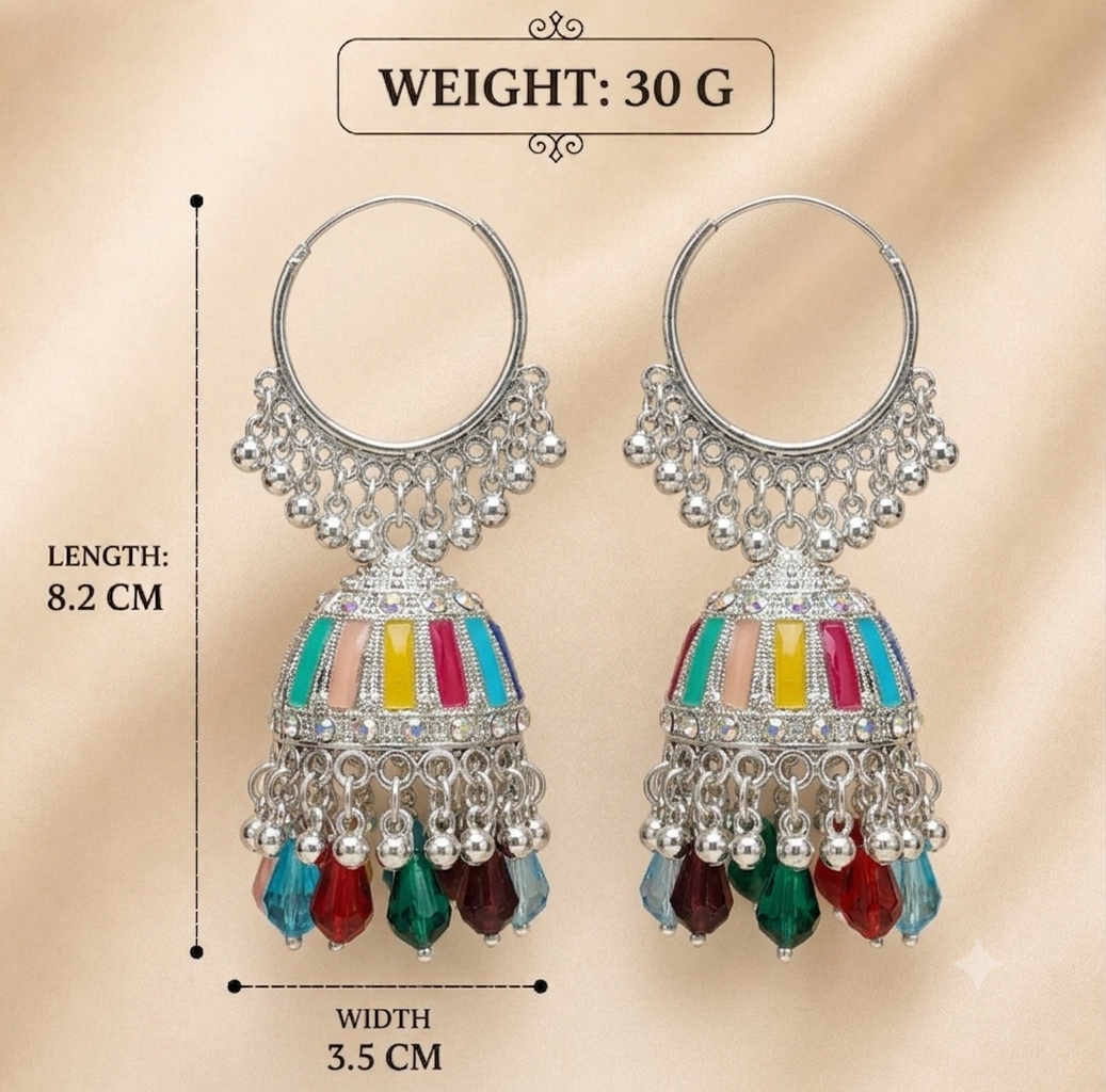 MULTICOLOR MEENAKARI SILVER BIG HOOP JHUMKA EARRING