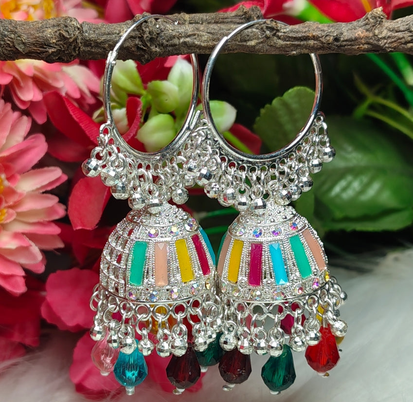 MULTICOLOR MEENAKARI SILVER BIG HOOP JHUMKA EARRING