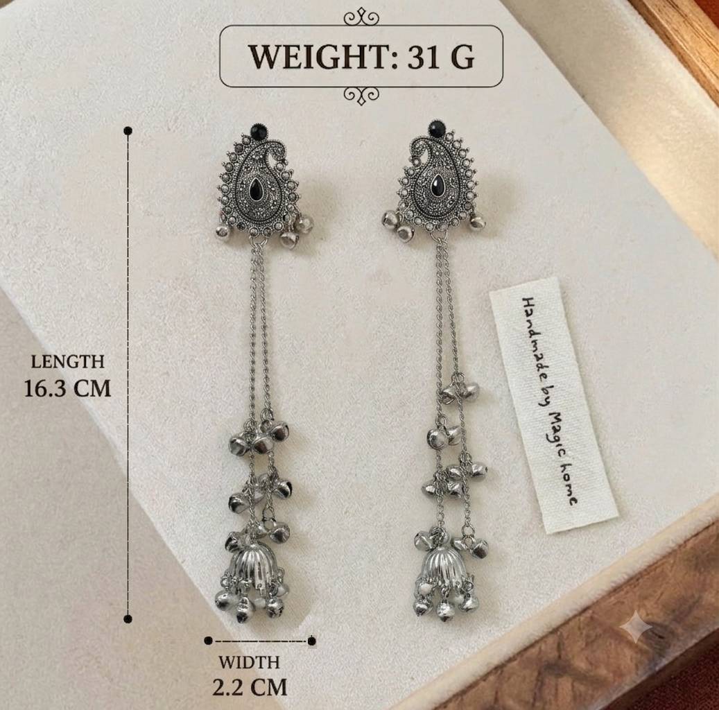OXIDISED SILVER LONG CHAIN KASHMIRI PAISLEY GHUNGROO JHUMKA EARRINGS
