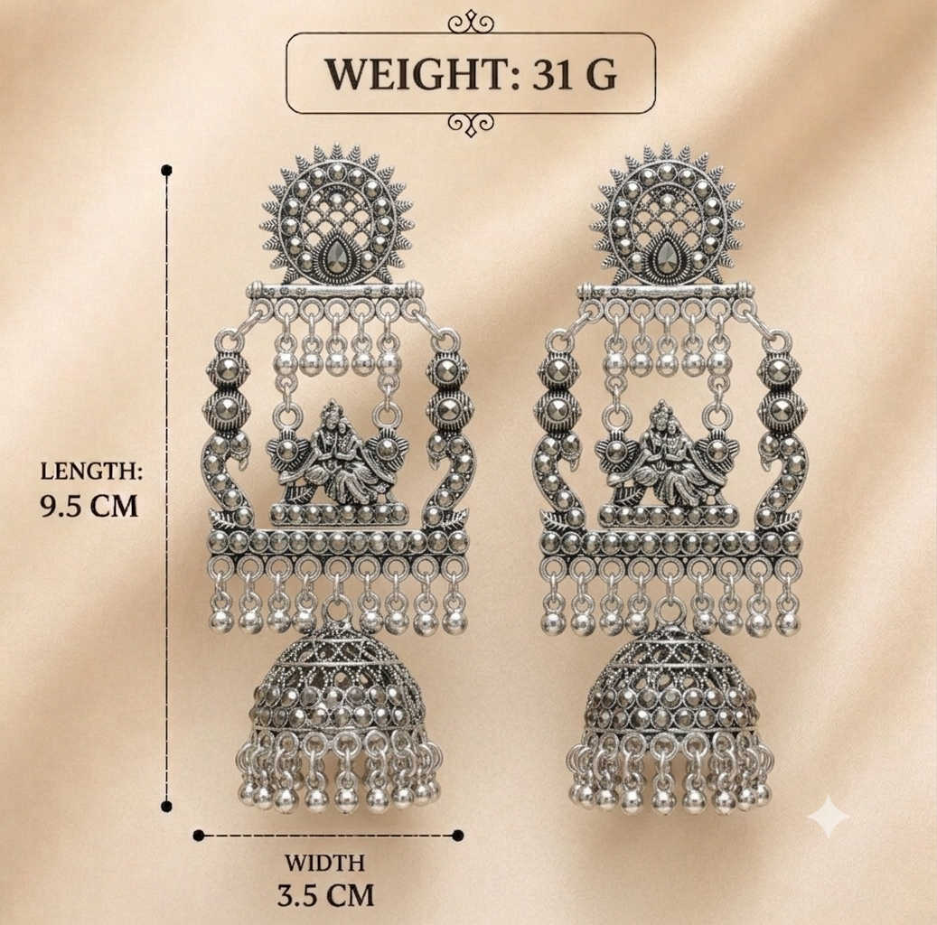 RADHA KRISHNA BIG JHUMKA OXIDISED SILVER TAMPLE TRADITIONAL EARRING