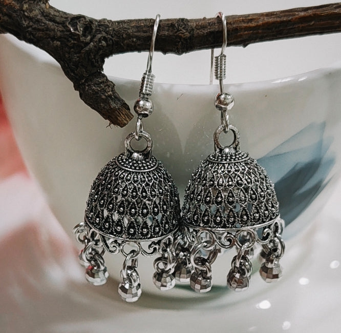 OXIDISED SILVER HANGING HOOK JHUMKA EARRINGS WITH GHUNGROO