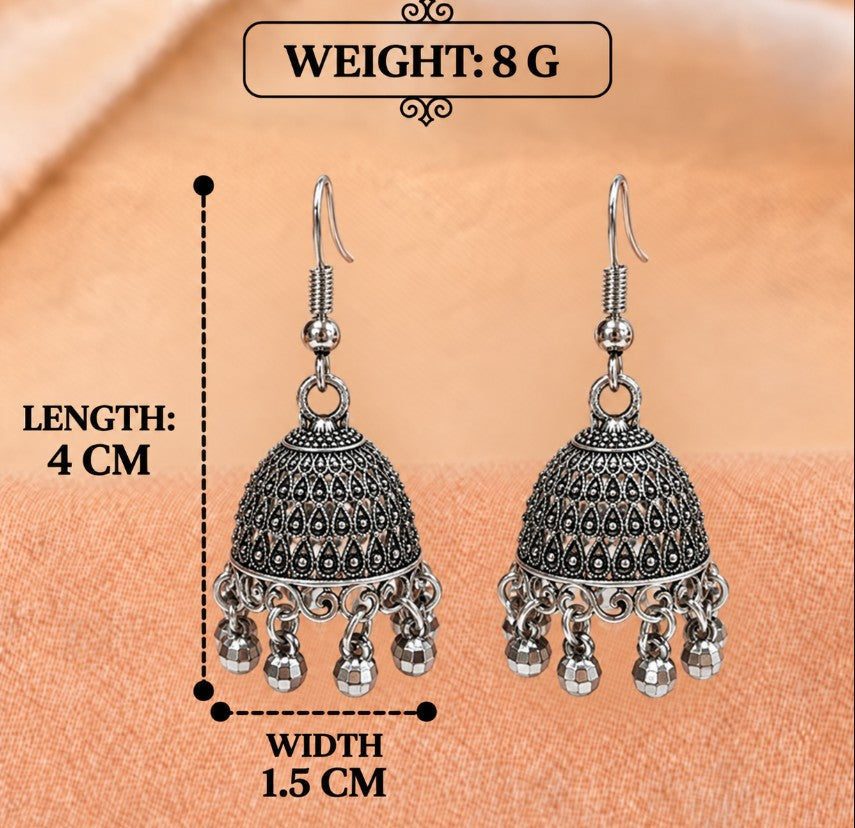OXIDISED SILVER HANGING HOOK JHUMKA EARRINGS WITH GHUNGROO