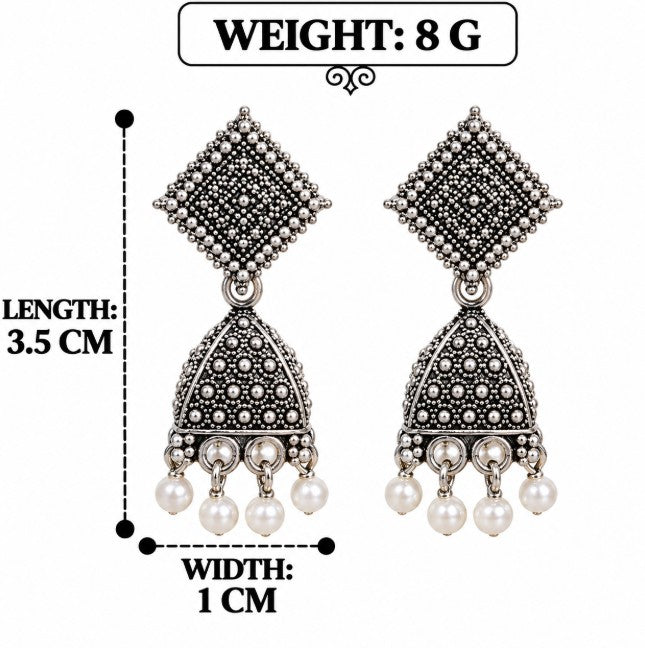OXIDISED SILVER SMALL JHUMKI WHITE BEADED DROP EARRINGS