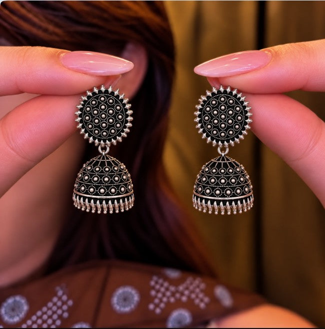 OXIDISED SILVER SMALL TRADITIONAL JHUMKI EARRINGS