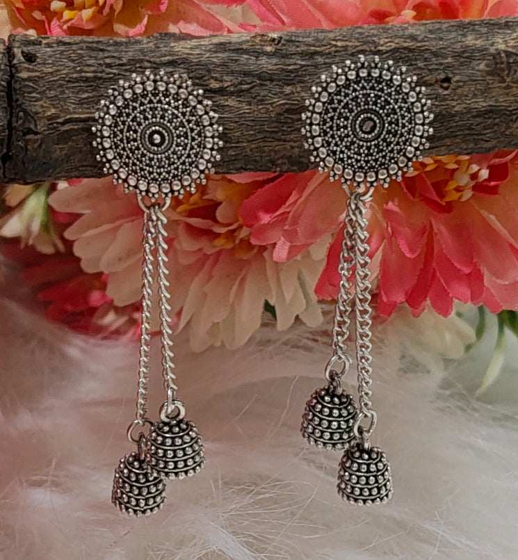 OXIDISED SILVER LONG CHAIN JHUMKA EARRINGS