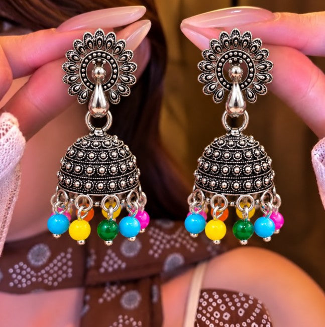 OXIDISED SILVER PEACOCK MULTICOLOR BEADS SMALL JHUMKI EARRINGS