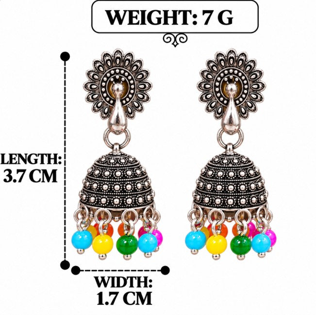 OXIDISED SILVER PEACOCK MULTICOLOR BEADS SMALL JHUMKI EARRINGS