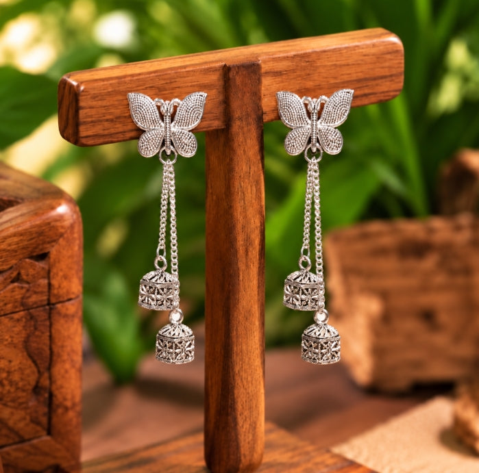 OXIDISED SILVER BUTTERFLY CHAIN JHUMKI DROP EARRINGS