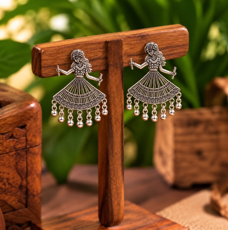 OXIDISED SILVER DANCING GIRL DROP EARRINGS