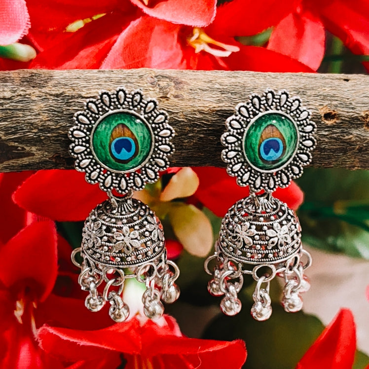 OXIDISED SILVER PEACOCK WITH GHUNGROO JHUMKA EARRINGS