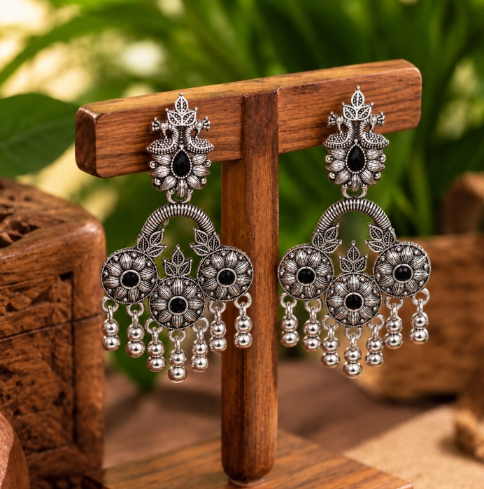 OXIDISED SILVER FLORAL CHANDELIER GHUNGROO BEADS EARRINGS