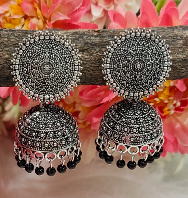 OXIDISED SILVER BLACK BEADED JHUMKA EARRINGS