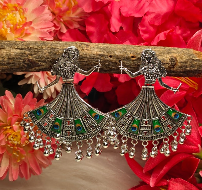 OXIDISED SILVER BIG DANDIYA PEACOCK GIRL EARRINGS