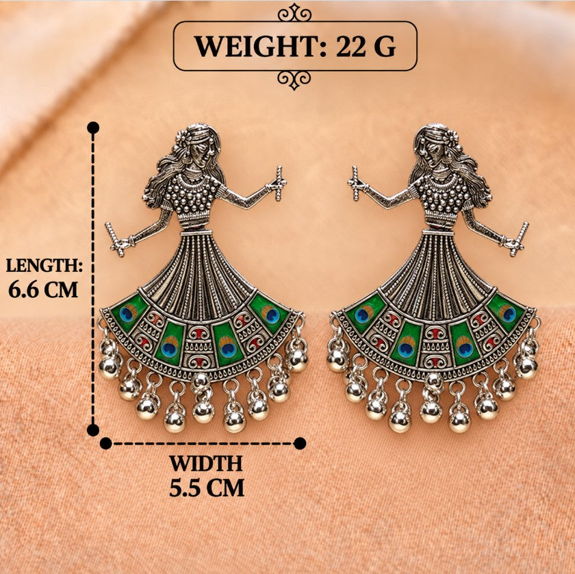 OXIDISED SILVER BIG DANDIYA PEACOCK GIRL EARRINGS