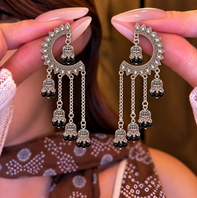 OXIDISED SILVER BLACK BEADS CRESCENT CHANDELIER CHAIN JHUMKI EARRINGS