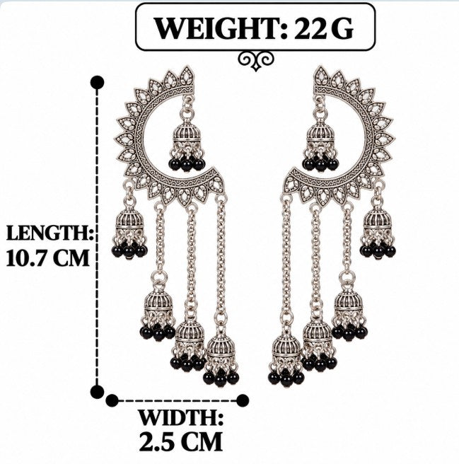OXIDISED SILVER BLACK BEADS CRESCENT CHANDELIER CHAIN JHUMKI EARRINGS