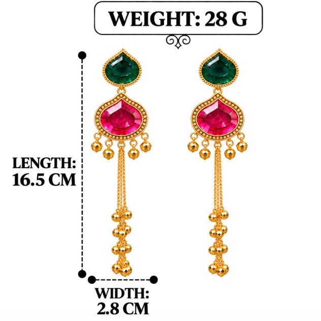 GOLD PLATED LONG CHAIN KASHMIRI PINK GREEN STONE JHUMKA EARRINGS