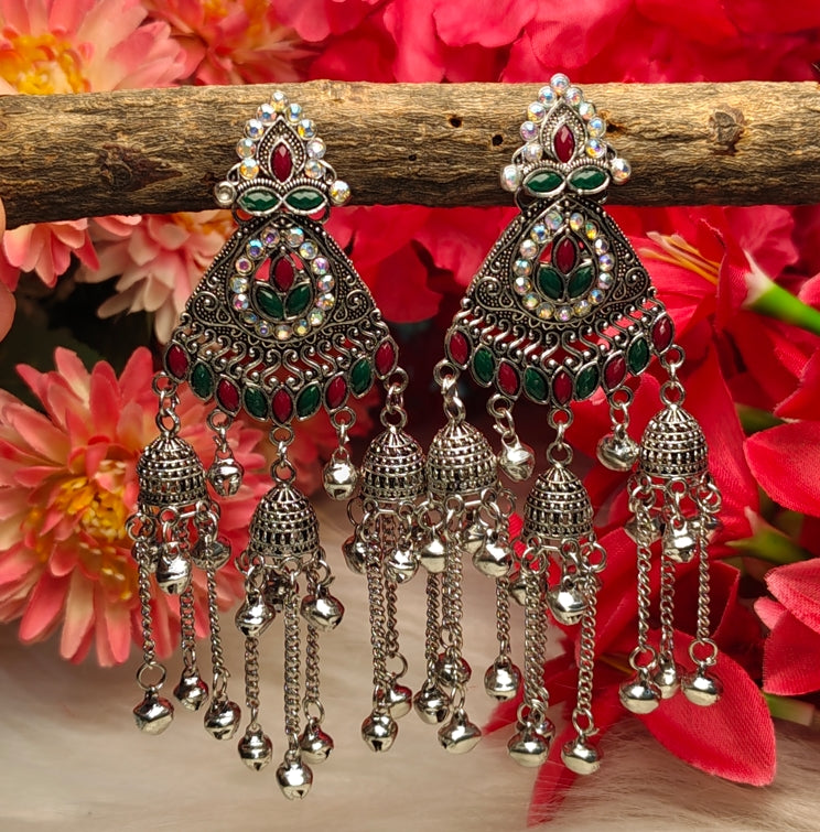 OXIDISED SILVER CHANDELIER LONG CHAIN KASHMIRI JHUMKA EARRINGS