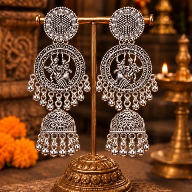 OXIDISED SILVER RADHA KRISHNA JHUMKA EARRINGS