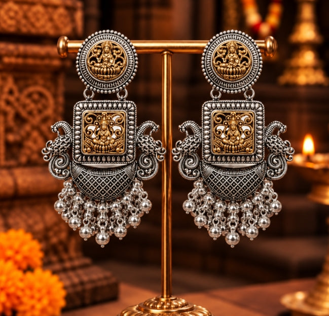 OXIDISED SILVER DUAL-TONE LAKSHMI DROP EARRINGS TRADITIONAL