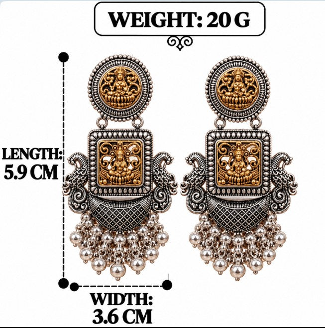 OXIDISED SILVER DUAL-TONE LAKSHMI DROP EARRINGS TRADITIONAL
