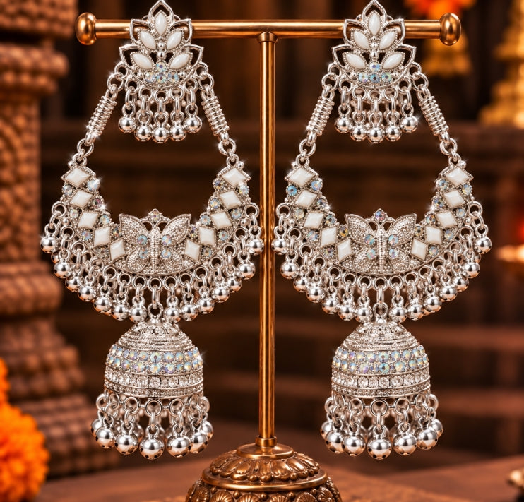 BUTTERFLY WHITE STONE CHANDBALI JHUMKA EARRINGS