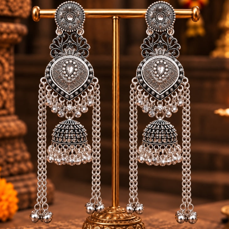 OXIDISED SILVER LONG CHAIN WITH GHUNGROO BEADS JHUMKA EARRINGS