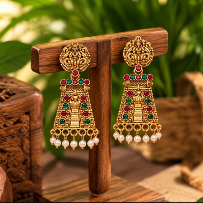 GOLD PLATED GOPURAM LAKSHMI TEMPLE DROP EARRINGS