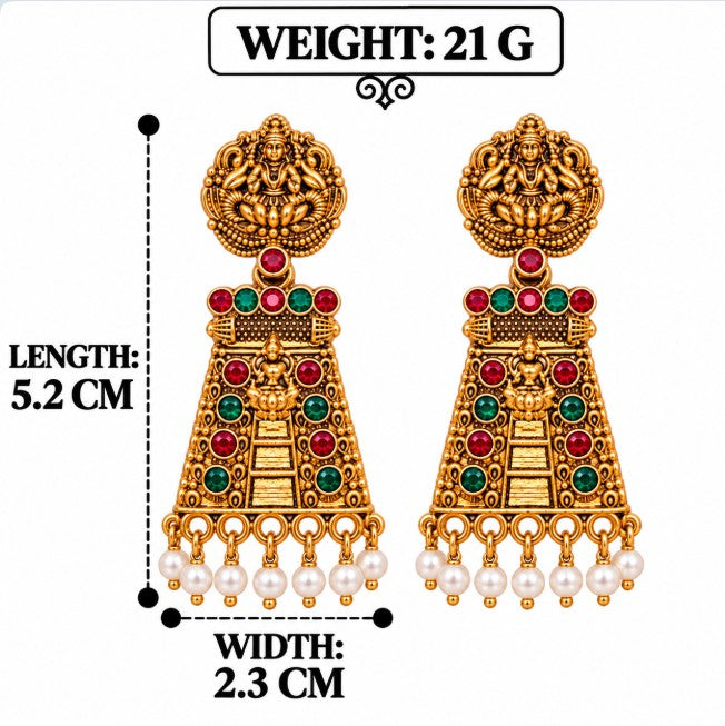 GOLD PLATED GOPURAM LAKSHMI TEMPLE DROP EARRINGS