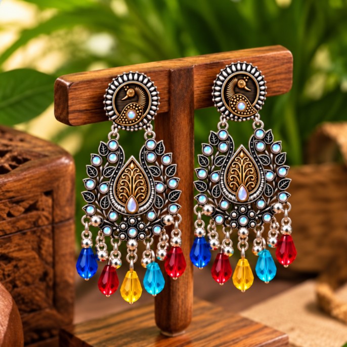 OXIDISED SILVER PEACOCK CHANDBALI DROP EARRINGS