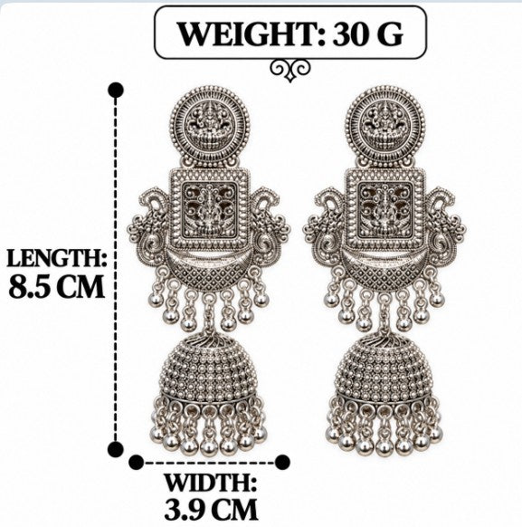 OXIDISED SILVER LAXMI TEMPLE LONG BIG JHUMKA EARRINGS