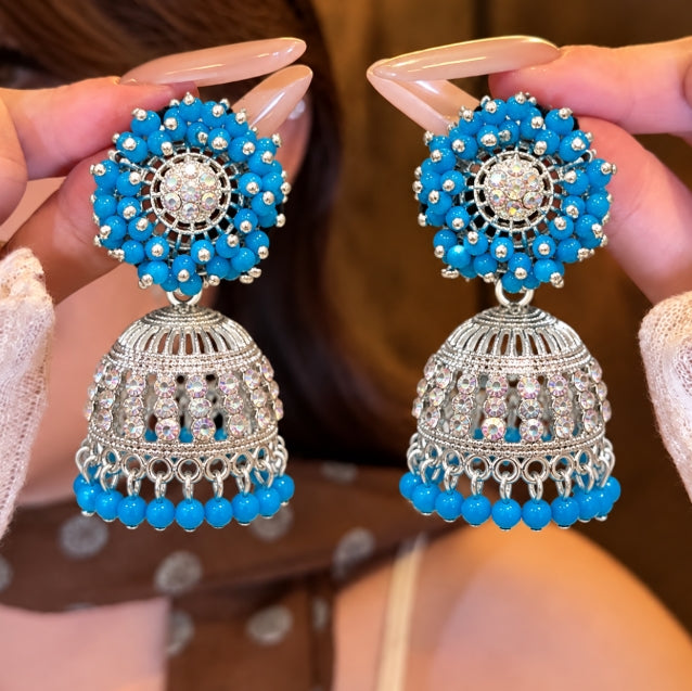 SILVER BLUE PEARL BEADED FLORAL JHUMKA EARRINGS