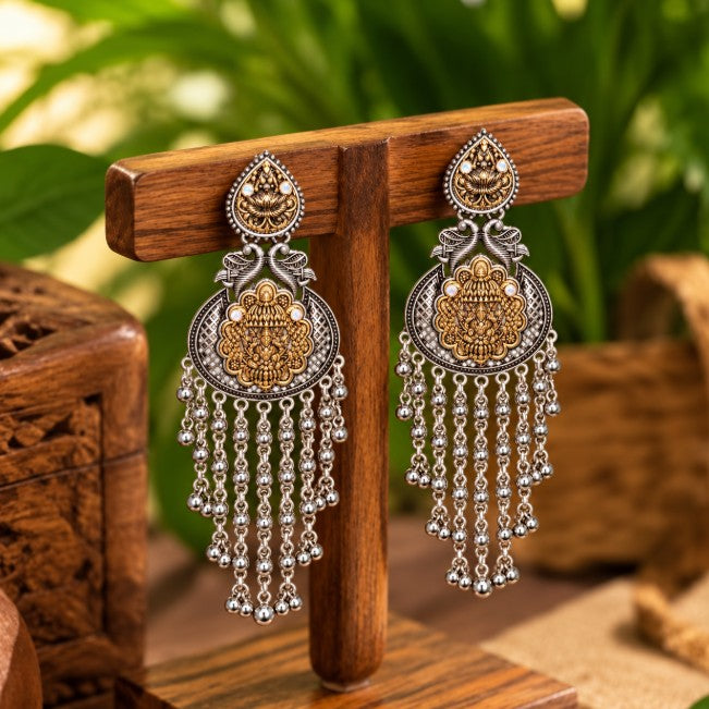 OXIDISED DUAL-TONE TEMPLE TASSEL EARRINGS