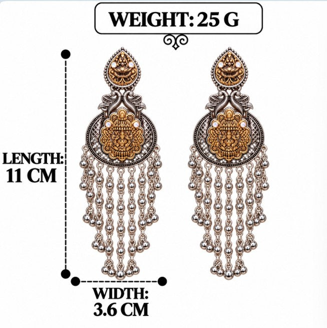 OXIDISED DUAL-TONE TEMPLE TASSEL EARRINGS
