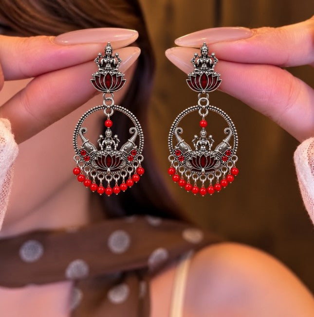 OXIDISED SILVER GODDES LAKSHMI TEMPLE CHANDBALI EARRINGS