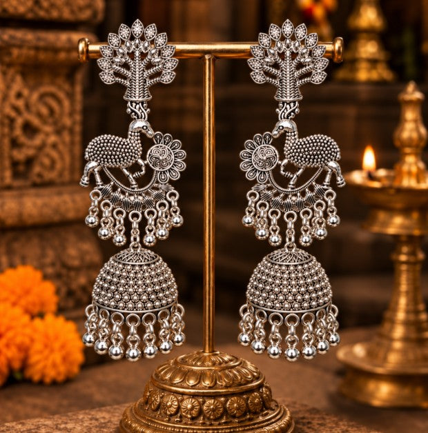 OXIDISED SILVER DEER & TREE LONG JHUMKA EARRINGS