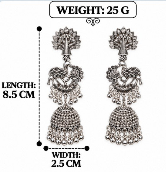 OXIDISED SILVER DEER & TREE LONG JHUMKA EARRINGS