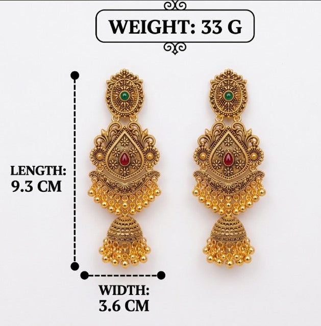 ANTIQUE GOLD-PLATED RUBY PINK GREEN STONE LONG JHUMKA EARRINGS