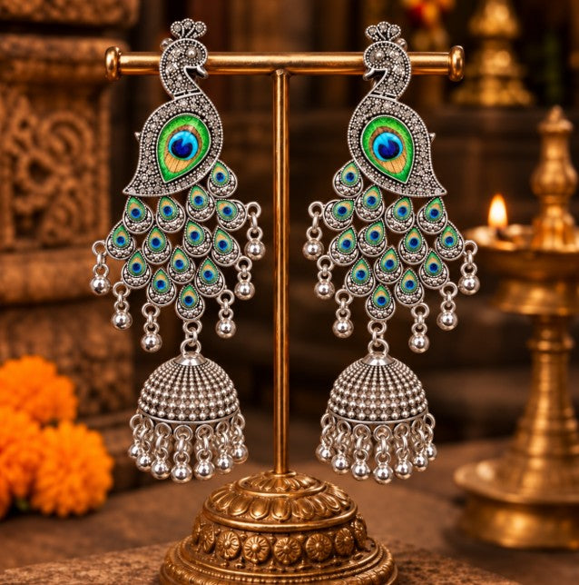 OXIDISED SILVER PEACOCK LONG JHUMKA EARRINGS