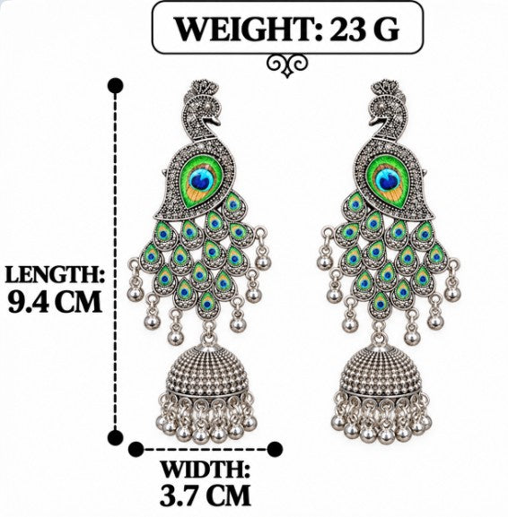 OXIDISED SILVER PEACOCK LONG JHUMKA EARRINGS