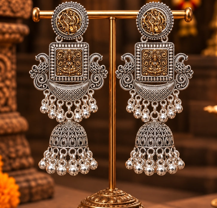 OXIDISED SILVER TWO-TONE LAKSHMI DEVI TEMPLE JHUMKA EARRINGS