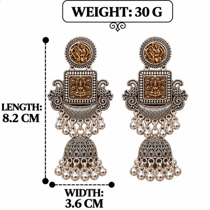 OXIDISED SILVER TWO-TONE LAKSHMI DEVI TEMPLE JHUMKA EARRINGS