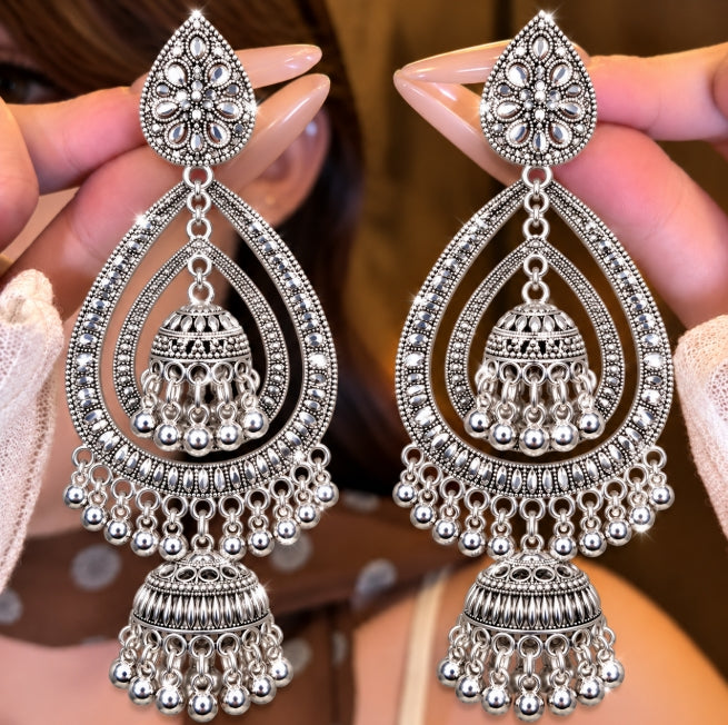 OXIDISED SILVER DOUBLE JHUMKA CHANDBALI JHUMKA EARRINGS