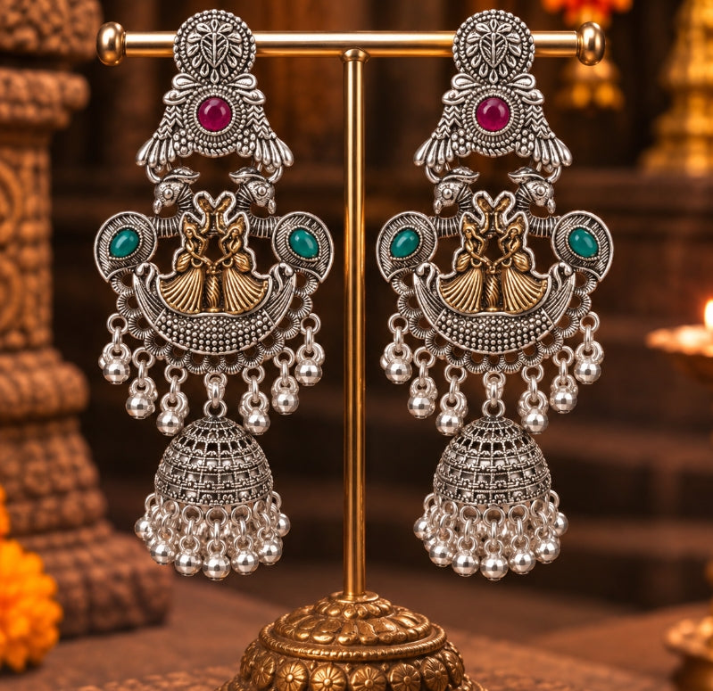 OXIDISED SILVER PEACOCK LONG JHUMKA EARRINGS