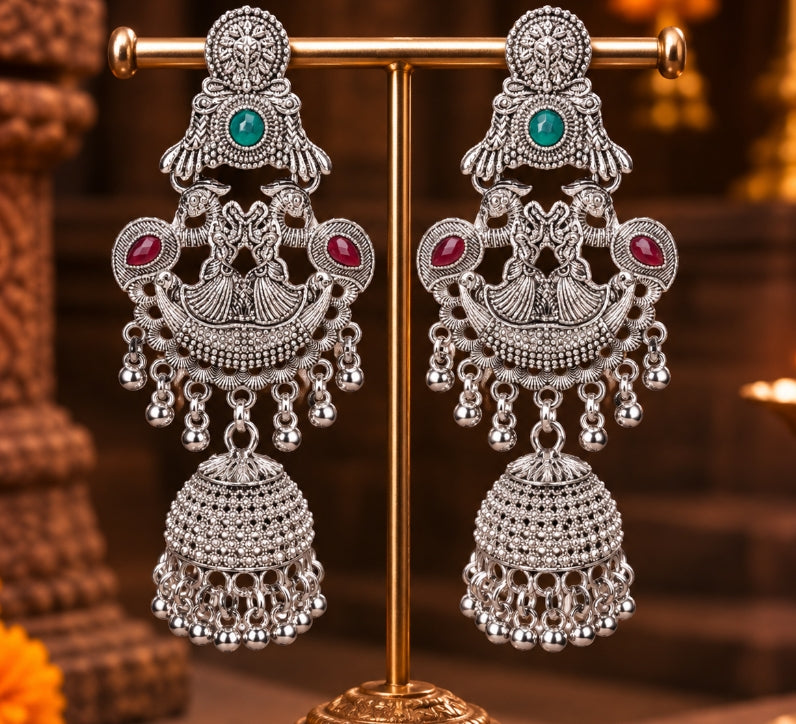 OXIDISED SILVER DUAL-TONE CHANDELIER JHUMKA EARRINGS